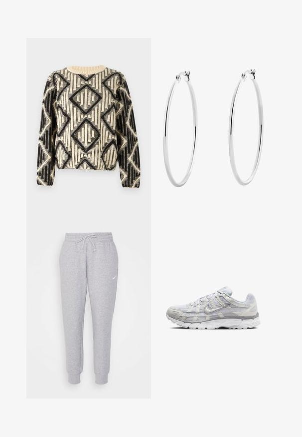 Black and cream patterned sweater featuring a geometric diamond design, round neckline, and long sleeves with ribbed cuffs.; Light gray sweatpants with a drawstring waist, tapered legs, and a small white logo on the left thigh. Made from a soft, textured fabric.; Light gray athletic shoes with a mesh and synthetic upper, featuring a lace closure, padded collar, and textured sole for grip.; Silver hoop earrings with a smooth, polished surface and a thin, circular shape. The design features a secure clasp.