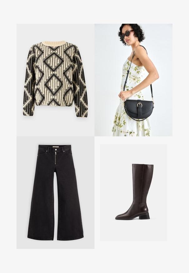 Sort og cremefarvet mønstret sweater med et geometrisk diamantdesign, rund halsudskæring og lange ærmer med ribkant.; Vide ben jeans i sort denim med lynlås foran, fem lomme-design og subtile stikninger. Glat tekstur og afslappet stil.; Brune læderstøvler til knæene med en glat overflade, rund tå og en stablet sort hæl. Simpelt design med minimale hardwaredetaljer.; Sort læderhåndtaske med en buet form, aftagelig rem og guldfinish. Tasken har en klap med en spænde detalje.