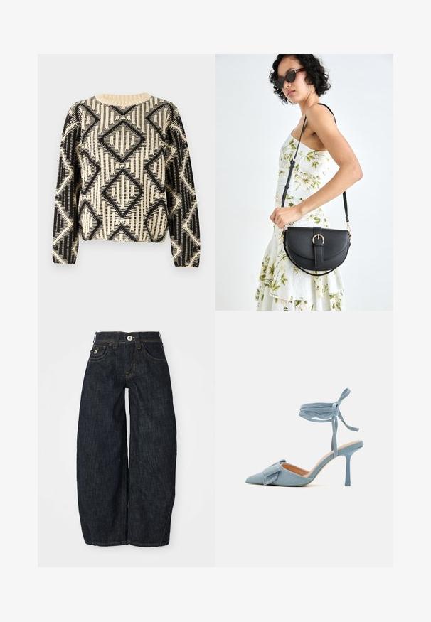 Schwarzer und cremefarbener gemusterter Pullover mit geometrischem Diamantdesign, Rundhalsausschnitt und langen Ärmeln mit gerippten Bündchen.; Dunkelblaue weit geschnittene Jeans aus Denim mit Knopfverschluss, Fronttaschen und kontrastierenden orangefarbenen Nähten an den Säumen.; Spitz zulaufender High Heel Schuh aus hellblauem Stoff mit strukturiertem Finish, versehen mit einem Schleifenakzent und einem Knöchelriemen für sicheren Halt.; Schwarze Lederhandtasche mit geschwungener Form, abnehmbarem Tragegurt und goldenen Beschlägen. Die Tasche verfügt über einen Deckel mit einer Schnallen-Details.