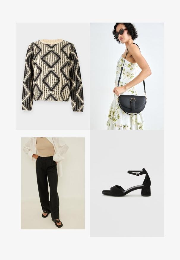 Schwarzer und cremefarbener gemusterter Pullover mit geometrischem Diamantdesign, Rundhalsausschnitt und langen Ärmeln mit gerippten Bündchen.; Schwarze, hochtaillierte, weit geschnittene Hosen aus leichtem Stoff, mit vorderen Falten und glatter Textur. Kombiniert mit einfachen schwarzen Flip-Flops.; Schwarze Wildleder-Espadrilles mit einem dünnen Knöchelriemen, offener Zehenpartie und moderatem Blockabsatz. Glatte Textur und minimale Akzente.; Schwarze Lederhandtasche mit geschwungener Form, abnehmbarem Tragegurt und goldenen Beschlägen. Die Tasche verfügt über einen Deckel mit einer Schnallen-Details.