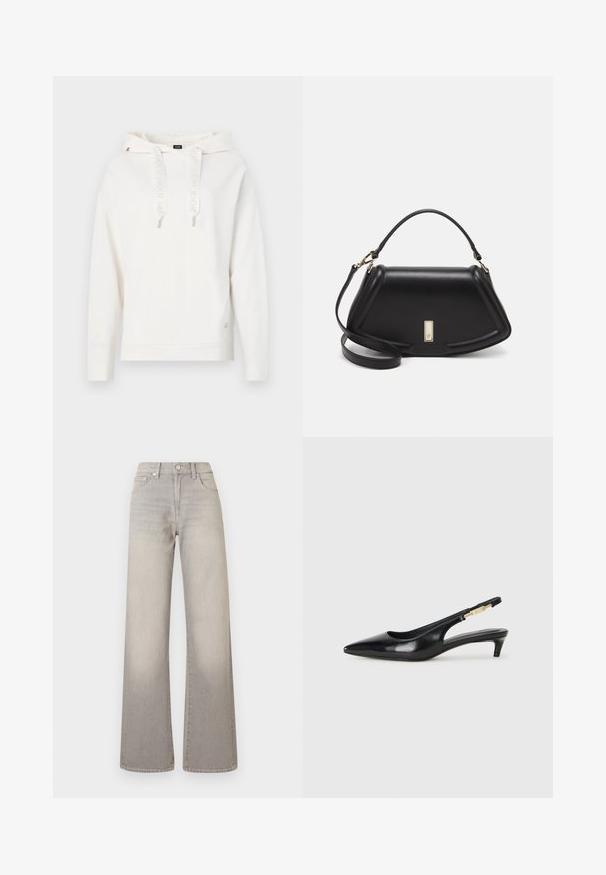 Biała bluza z kapturem, z troczkami, z logo, z ściągaczami na rękawach i dolnej krawędzi. Haftowane logo na rękawie; miękki, teksturowany materiał.; Szare dżinsy o szerokich nogawkach z wyblakłym wykończeniem, zapięcie na guzik, pięć kieszeni oraz przeszycia wzdłuż szwów.; Czarne skórzane szpilki typu slingback z ostrym noskiem, posiadające smukły obcas i złoty akcent na regulowanym pasku. Gładka tekstura.; Czarna skórzana torebka o strukturalnym designie, z przyciętą formą, górnym uchwytem i złotymi akcentami. W zestawie regulowany pasek na ramię.