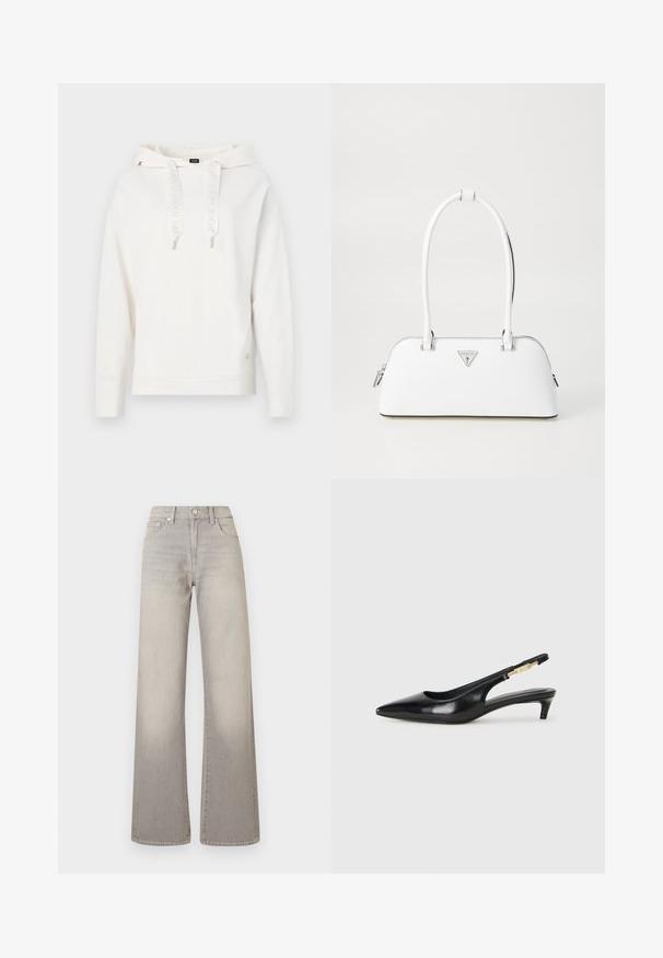 Biała bluza z kapturem, z troczkami, z logo, z ściągaczami na rękawach i dolnej krawędzi. Haftowane logo na rękawie; miękki, teksturowany materiał.; Szare dżinsy o szerokich nogawkach z wyblakłym wykończeniem, zapięcie na guzik, pięć kieszeni oraz przeszycia wzdłuż szwów.; Czarne skórzane szpilki typu slingback z ostrym noskiem, posiadające smukły obcas i złoty akcent na regulowanym pasku. Gładka tekstura.; Biała skórzana torebka o zaokrąglonym kształcie, z srebrnym trójkątnym logo i zamkiem błyskawicznym. Gładka faktura i podwójne uchwyty.