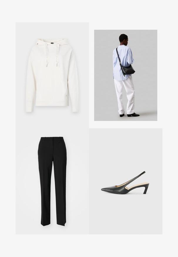 Biely svetrový výrobok s kapucňou, šnúrkami so logom, ribovanými manžetami a lemem. Vyšívaný detail loga na rukáve; mäkká, textúrovaná tkanina.; Čierne krajčírské nohavice so strihom rovného nohu, s hladkou textúrou a ostrými skladmi pozdĺž prednej časti. Žiadne viditeľné hardvér.; Čierne slingback topánky s ostrou špičkou a nízkym opätkom, vyrobené z hladkej kože a s výrezmi na boku pre lepšiu priedušnosť.; Čierna kožená ramenná taška so mäkkou textúrou, trojuholníkovým tvarom a nastaviteľným popruhom, skombinovaná s svetlomodrou pruhovanou košeľou a bielymi nohavicami.