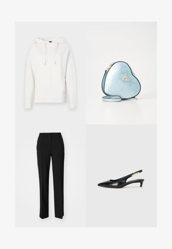 Balts džemperis ar kapuci, aukliņām un logotipu, ribotiem piedurkņu galiem un apakšmalai. Izšūts logotipa gars uz piedurknes; mīksta, teksturēta auduma.; Melnas pielāgotas bikses ar taisnu kāju dizainu, kas raksturojas ar gludu faktūru un asiem krokām pa priekšu. Nav redzamu metāla detaļu.; Melnas ādas slingback zābaki ar smailu purngalu, ar šauru papēdi un zelta krāsas akcentu uz regulējama siksniņas. Gluda tekstūra.; Sirds formas rokassoma gaiši zila, ar reljefu, melnu apmalīti un zeltainu logotipa plāksni. Iekļauta noņemama plecu siksna.