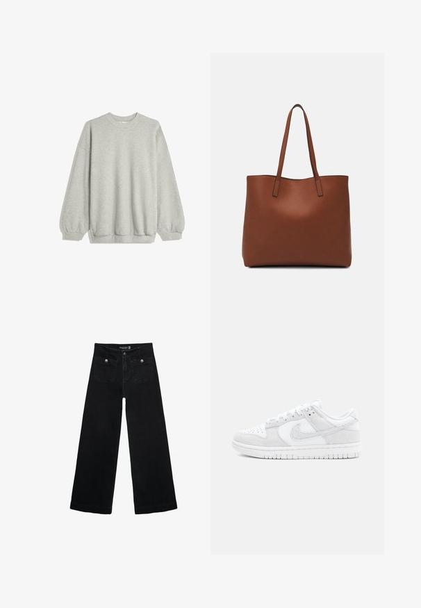 Felpa grigia realizzata in morbido tessuto, caratterizzata da un collo tondo, maniche lunghe con polsini elastici e una vestibilità rilassata. Senza motivi né decorazioni.; Jeans neri a gamba larga con vita alta, dotati di due tasche frontali e dettagli in metallo sui bottoni. Il tessuto ha una texture liscia.; Sneaker bianchi Nike caratterizzati da una combinazione di pelle testurizzata e camoscio, con un design a basso profilo, punta rotonda e suola in gomma con motivo.; Borsa tote in pelle marrone con texture liscia, design con apertura superiore e due spallacci. Presenta cuciture minime e nessun hardware visibile.
