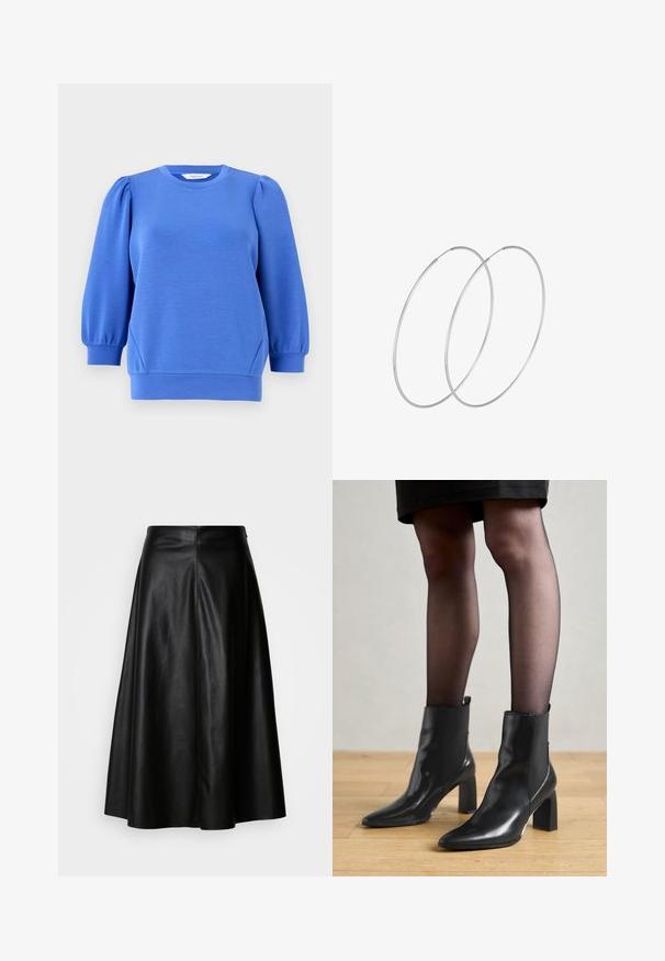 Maglione blu con maniche lunghe a palloncino, scollatura rotonda e polsini a coste. Texture liscia e vestibilità comoda.; Gonna in pelle nera con un design svasato, lunghezza al ginocchio, caratterizzata da una texture liscia e un retro pulito e strutturato per un aspetto sartoriale.; Stivaletti neri in pelle con punta affusolata, tacco quadrato imponente e design elegante. Dotati di pannelli laterali elasticizzati per una facile vestibilità.; Orecchini a cerchio in argento con un design minimalista. Forma circolare, superficie liscia e profilo sottile. Leggeri con una finitura lucida.