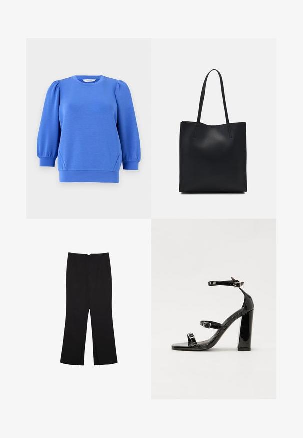 Maglione blu con maniche lunghe a palloncino, scollatura rotonda e polsini a coste. Texture liscia e vestibilità comoda.; Pantaloni neri a gamba dritta, con tasche frontali e spacchi laterali all'orlo. Realizzati in tessuto morbido e liscio. Adatti a diverse occasioni.; Sandali con tacco in vernice nera, con punta squadrata, cinturini alla caviglia e fibbie in argento. Presentano un tacco a blocco spesso per maggiore stabilità.; Borsa tote in pelle nera con texture liscia, forma rettangolare e due manici lunghi. Nessun hardware o decorazione visibile.