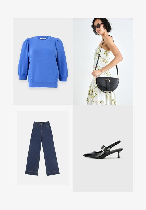 Sudadera azul con manga larga abombada, escote redondo y puños acanalados. Textura suave y corte relajado.; Jeans de pierna ancha en denim azul oscuro. Presenta cinco bolsillos, trabillas para cinturón y un dobladillo sin acabados en la parte inferior con detalles de costura visibles.; Zapatos de tacón en charol negro con tira al tobillo, punta afilada y un pequeño tacón bloque, que cuentan con un acento de hebilla plateada en la correa.; Bolso de piel negra con forma curva, correa desmontable y herrajes dorados. El bolso cuenta con una solapa con un detalle de hebilla.