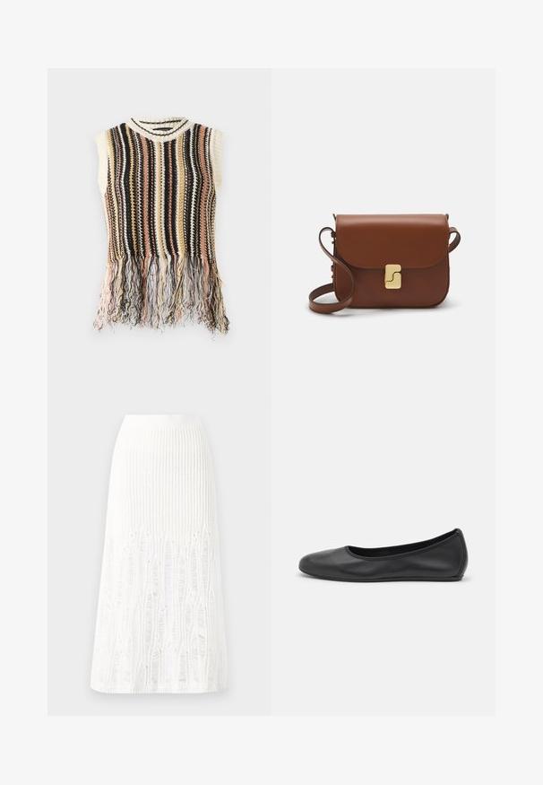 Adīts bez piedurknēm krekls ar vertikālām svītrām melnā, krēmkrāsā, rozā un zeltā. Tam ir frizēta apakšmala un ribota apkakle.; Adīts balts midi svārki ar teksturētu rakstu, kas ietver vertikālas līnijas un izgriezumus pie apakšmalas. Elastīgs vidukļa jostasvads. Mīksts materiāls.; Melna ādas baleta kurpe ar noapaļotu purngalu, gludu tekstūru, minimālu šuvju detalizāciju un elastīgu zoles dizainu.; Bordo ādas rokas soma ar atloku, zeltītām detaļām, plecu siksnu un gludu virsmu. Kompakta, taisnstūrveida forma.