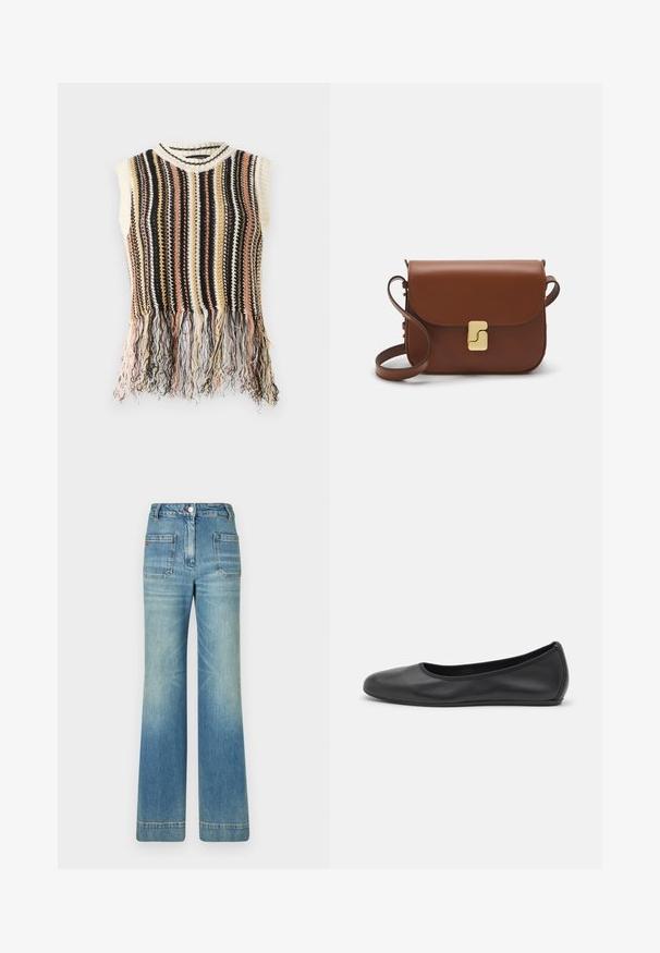 Pletený bezrukávový top s vertikálnymi pruhmi v čiernej, krémovej, ružovej a zlatej farbe. Obsahuje strapcovitý lem a rebrovaný golier.; Biela krátka tričko s krátkymi rukávmi vyrobené z rebrovanej látky. Klasický okrúhly výstrih, bežný strih a jemné švy. Bez vzorov alebo grafiky.; Svetlomodré rifľové rozšírené džínsy s piatimi vreckami, pútkami na opasok, zapínaním na gombík a mierne blednutou textúrou, s červeným logom na zadnej strane.; Čierne kožené baleríny s okrúhlou špičkou, hladkým povrchom, minimálnym prešívaním a flexibilným dizajnom podrážky.; Hnedá kožená kabelka s klopou, zlatými kovovými prvkami, ramenným popruhom a hladkým povrchom. Kompaktný obdĺžnikový tvar.
