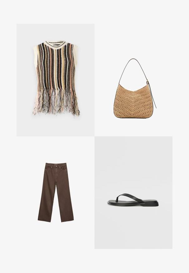 Pleteni bez rukava s vertikalnim prugama u crnoj, krem bijeloj, rozoj i zlatnoj boji. Ima resasti rub i rebrasti ovratnik.; Proširene smeđe traperice od denima, s visokim strukom, prednjim džepovima i klasičnom kopčom na dugme. Glatka tekstura s suptilnim šavovima.; Crne japanke od glatke kože, s tankim remenčićem i ravnim potplatom minimalističkog profila. Bez značajnih uzoraka ili akcenata.; Tkana torba od slame s zakrivljenim oblikom, s tamnom kožnom trakom i teksturiranom površinom s chevron uzorkom.; Umjetničke naušnice zlatnog tona imaju nepravilne teksturirane oblike, ukrašene zelenim draguljima i bijelim biserima, pričvršćene kopčama za uši.