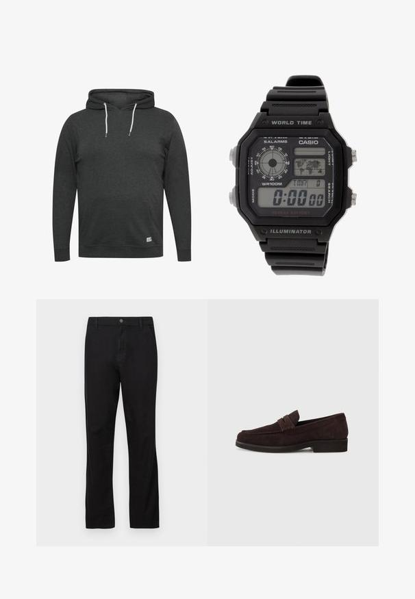 Felpa con cappuccio grigia scura realizzata in morbido tessuto misto. Caratterizzata da una tasca frontale, cordini regolabili e polsini e orlo a coste.; Pantaloni neri in cotone con design a gamba dritta, dotati di chiusura a bottone, tasche frontali e posteriori, e texture liscia.; Mocassini in suede marrone con profilo basso e punta arrotondata. Presentano una fascia decorativa sulla parte superiore, suola piatta in gomma e nessuna cucitura visibile.; Orologio digitale da polso con cinturino in gomma nera, cassa rettangolare e lente. Visualizza l'ora, la mappa del fuso orario mondiale e pulsanti per la sveglia e la luce.