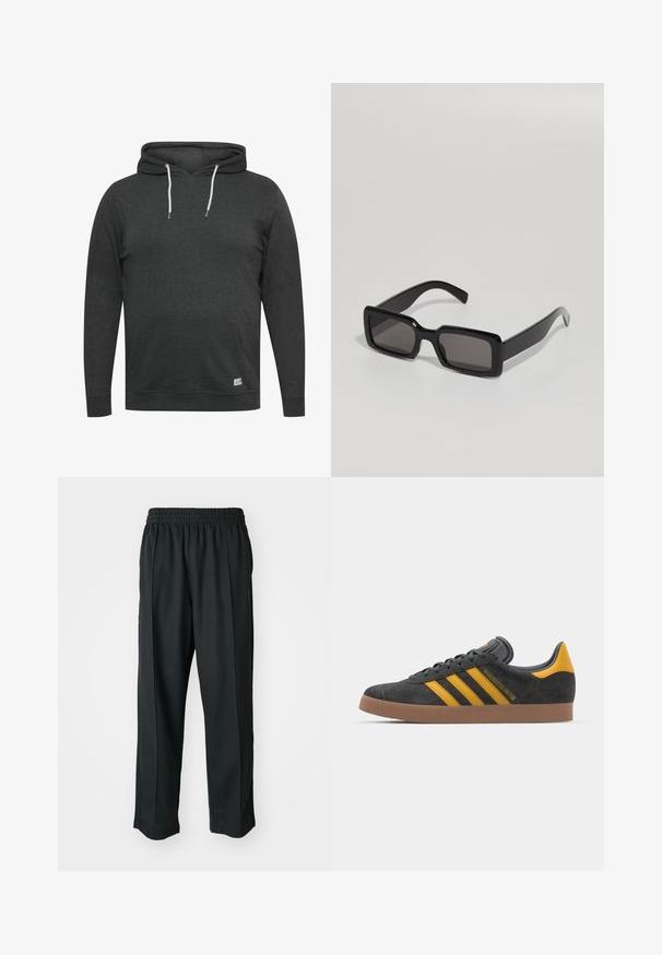 Tamno siva dukserica napravljena od mekog, kombiniranog materijala. Ima prednji dzep, podesive vezice i rebraste manšete i rub.; Crne atletske hlače s elastičnim pojasom, izrađene od glatkog materijala, s diskretnim bočnim šavovima i opuštenim krojem, ravne nogavice.; Crne nubuk tenisice s žutim detaljima, sa tri pruge i smešnim gumenim potplatom. Imaju jastučić na jeziku za udobnost.; Crne naočale sa pravokutnim okvirom, deblje plastične konstrukcije i tamnim staklima, s glatkim površinama i zaobljenim rubovima.