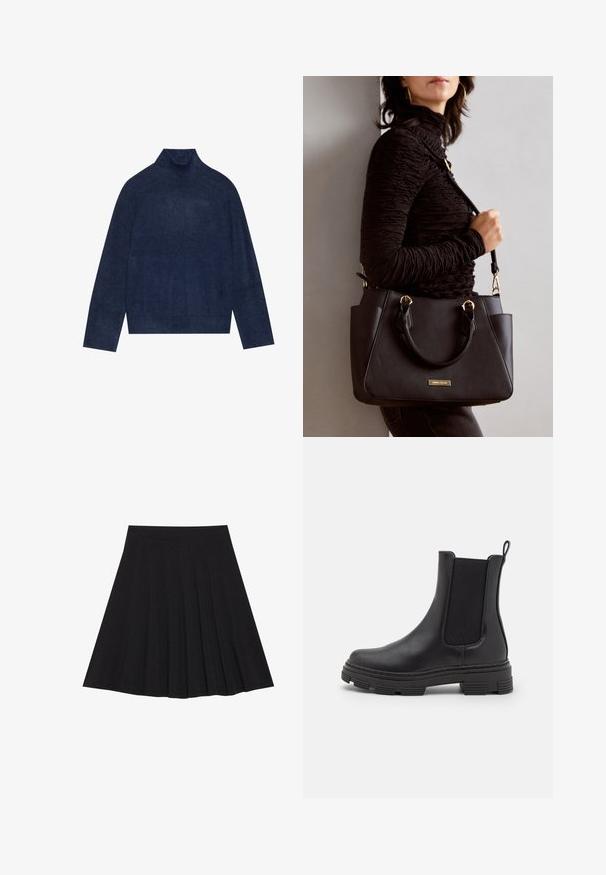 Granatowy sweter typu golf z prążkowanymi detalami przy kołnierzu i mankietach, wykonany z miękkiej, teksturowanej dzianiny o luźnym kroju.; Czarna plisowana spódnica z teksturowanej tkaniny z dopasowanym paskiem. Sięga do kolan, wyróżniając się gładką, czystą sylwetką.; Czarny skórzany botek za kostkę z elastycznymi panelami bocznymi, okrągłym czubkiem i teksturowaną gumową podeszwą. Posiada pętelkę z tyłu ułatwiającą zakładanie.; Czarna torebka z teksturowanej powierzchni, podwójnymi uchwytami na górze i regulowanym paskiem na ramię. Posiada złote okucia i boczne kieszenie.