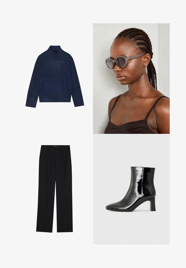 Pulôver de gola alta azul-marinho com detalhes canelados na gola e nos punhos, feito de um tecido de malha suave e texturizada com uma silhueta descontraída.; Calças pretas com um design de perna reta, apresentando dois bolsos frontais e um cós. Feitas de um tecido leve e suave.; Botim de tornozelo em pele sintética preta com bico apontado e salto bloco de altura média. Textura suave e design minimalista.; Óculos de sol cinzentos de tamanho oversized com uma forma arredondada e lentes escuras. Armação de plástico elegante com um acabamento suave. O modelo tem cabelo trançado.