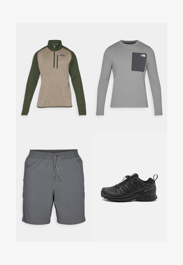 Beige und dunkelgrüner Half-Zip-Pullover. Verfügt über einen hohen Kragen, kontrastierende Ärmel, eine Reißverschlusstasche auf der Brust und einen strukturierten Stoff.; Langärmliges graues Shirt aus strukturiertem Stoff, mit einer dunkelgrauen Brusttasche und einem Reißverschluss. Logo in Weiß auf der Tasche.; Graue Shorts aus leichtem Material mit elastischem Bund und Kordelzug. Sie verfügen über eine glatte Textur und eine Länge über dem Knie.; Schwarzer Sportschuh mit einer strukturierten, synthetischen Oberseite, gepolsterten Sohle und einem schnellen Schnürsystem. Verfügt über eine verstärkte Zehen- und Fersenkappe.