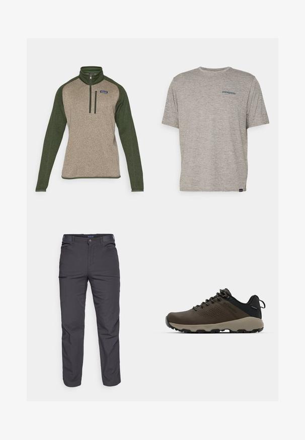 Pull-over à demi-zip en beige et vert foncé. Comprend un col haut, des manches contrastantes, une poche zippée sur la poitrine et un tissu texturé.; T-shirt gris à manches courtes en tissu doux et texturé, arborant un petit logo bleu Patagonia sur le côté gauche de la poitrine. Pas de motifs supplémentaires.; Pantalons gris foncé en tissu durable, dotés d'une poche zippée, d'une coupe droite et de passants de ceinture pour un ajustement réglable.; Baskets imperméables marron avec une tige texturée, des accents perforés, un support de talon noir et une semelle en caoutchouc grise. Les lacets sont ornés d'embouts métalliques.