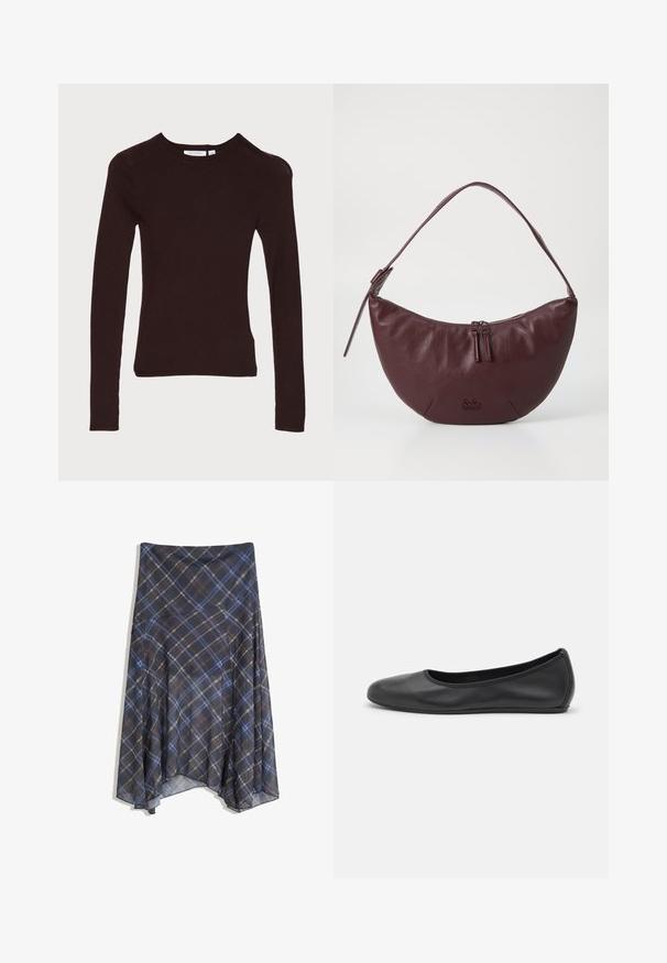 Tiger of Sweden OVIE - Striktrøje - dark chokolate; Sort ternet nederdel med blå og brune linjer, flydende design, midt-længde, lavet af letvægtsstof med en glat tekstur.; Sort læderballetsko med rund tå, glat tekstur, minimal syning og et fleksibelt såldesign.; Mørkerød lædertaske med en buet design, der har en lynlåslukning, to lynlåsskuffer og et kort skulderrem. Detaljer inkluderer præget logo.