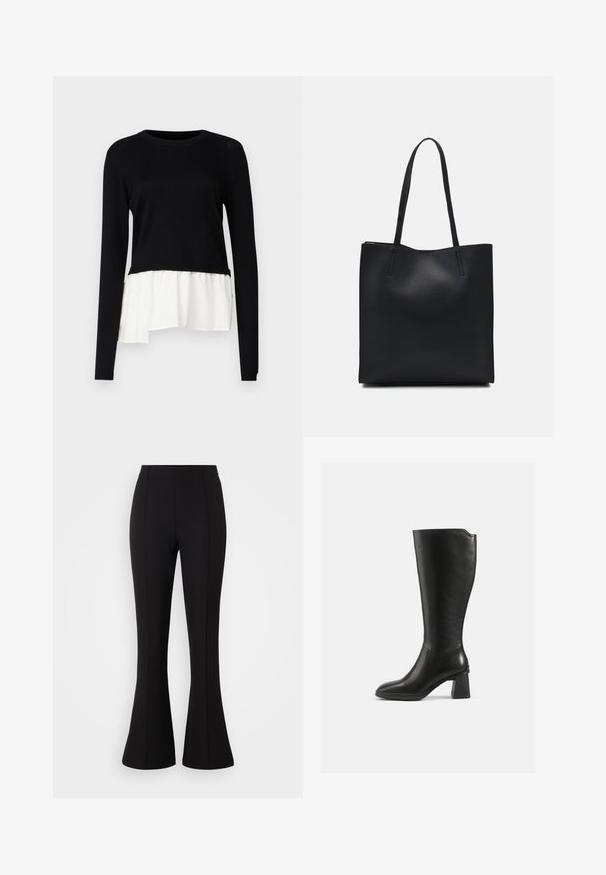 Fekete hosszúujjú felső, kontrasztos fehér fodros aljjal, kerek nyakkivágással és puha tapintású anyaggal. Lazább fazonra tervezve.; Fekete harangszárú nadrág rugalmas anyagból, sima felülettel, magas derékkal, és varrásdíszítéssel az elején.; Fekete bőr térd fölé érő csizma négyzet alakú tömbsarkával. Sima textúra, testhez álló fazon, minimális varrási részletek és lekerekített orr.; Fekete bőrtáska sima felszínnel, téglalap alakú, két hosszú füllel. Nincs látható fémkiegészítő vagy díszítés.