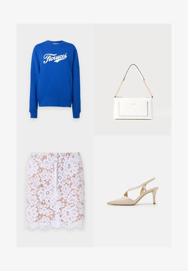 Modra majica s dolgimi rokavi in belim logotipom 'Fiorucci' čez prsa, enostavna ozadje.; Bela čipkasta krila z cvetličnim vzorcem, valovitim robom in diskretnimi okrasnimi elementi. Ima prilega obliko in skriti zadrgo na hrbtni strani.; Bež slinback štikli s poudarjenim prstom. Narejene iz gladkega materiala, z ožjim peto in križnim trakom za varen oprijem.; Bela usnjena torbica z teksturirano površino, ki vključuje zlat pas in črne detajle. Ima sprednji žep in zadrgo.
