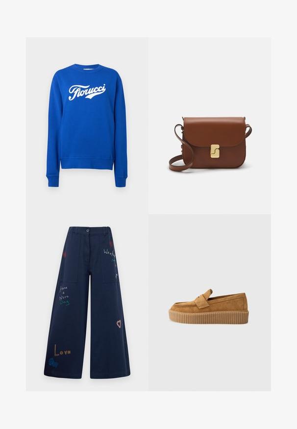 Sudadera azul con mangas largas y texto blanco "Fiorucci" en el pecho, fondo liso.; Pantalones de pierna ancha en color azul marino, confeccionados en algodón y con múltiples bolsillos. Presentan un colorido bordado de texto y gráficos, incluyendo corazones y frases divertidas.; Mocasín de ante marrón con punta redonda, presentado con una suela de plataforma estriada y una cinta decorativa en la parte superior.; Bolso de mano de cuero marrón con cierre de solapa, herrajes en tono dorado, correa para el hombro y una textura suave. Forma rectangular compacta.