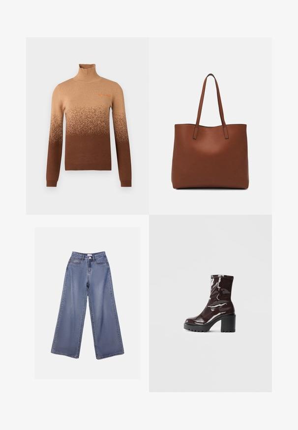 Smeđi turtleneck pulover s gradient dizajnom koji od svjetlijih nijansi na vrhu prelazi u tamniju smeđu boju na rubu. Izvezeni detalj.; Široke traperice u svijetloplavom izbljeđenom tonu, s visokim strukom, prednjim džepovima i zakovicom s petljama za remen.; Sjajna burgundska čizma do gležnja s debelim crnim potplatom, koja se odlikuje glatkom teksturom i jednostavnim dizajnom. Nema vidljivih kopčanja ili uzoraka.; Smeđa kožna torba preko ramena s glatkom teksturom, otvorenim vrhom i dvjema naramenicama. Ima minimalne šavove i nema vidljivog hardvera.