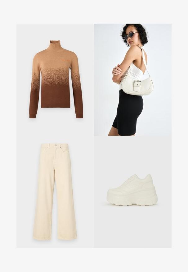 Brown turtleneck sweater featuring a gradient design with lighter shades at the top, transitioning to darker brown at the hem. Embroidered detail.; Beige wide-leg jeans made of cotton. Features a button closure, belt loops, and front pockets with a smooth, soft texture.; White platform sneakers featuring a smooth leather-like upper, rounded shape, padded collar, and textured rubber sole with defined treads.; White leather handbag with a curved shape, adjustable strap, and a small buckle detail. Model wears a fitted black outfit.