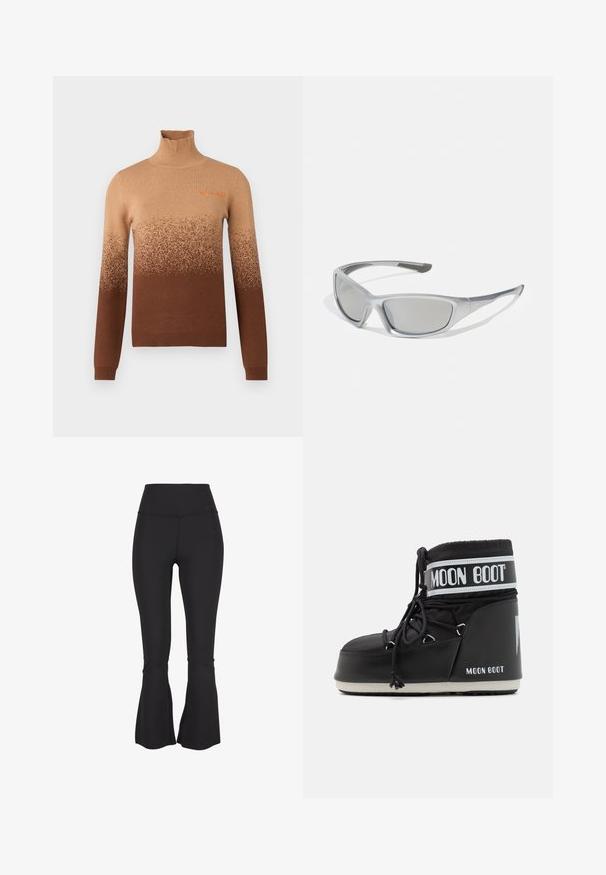 Pull en col roulé marron avec un design dégradé, présentant des teintes plus claires en haut, passant à un marron plus foncé au niveau de l'ourlet. Détail brodé.; Leggings évasés noirs en tissu stretch et lisse. Taille haute et fentes au bas des jambes ajoutent un détail de conception.; Bottes de lune noires avec un dessus rembourré, maintenues par des lacets et une bande blanche distinctive portant le logo. Semelle en caoutchouc épaisse et texturée.; Lunettes de soleil grises avec une monture en plastique légère et élégante. Équipées de verres teintés gris et d'accents latéraux texturés pour une meilleure prise.