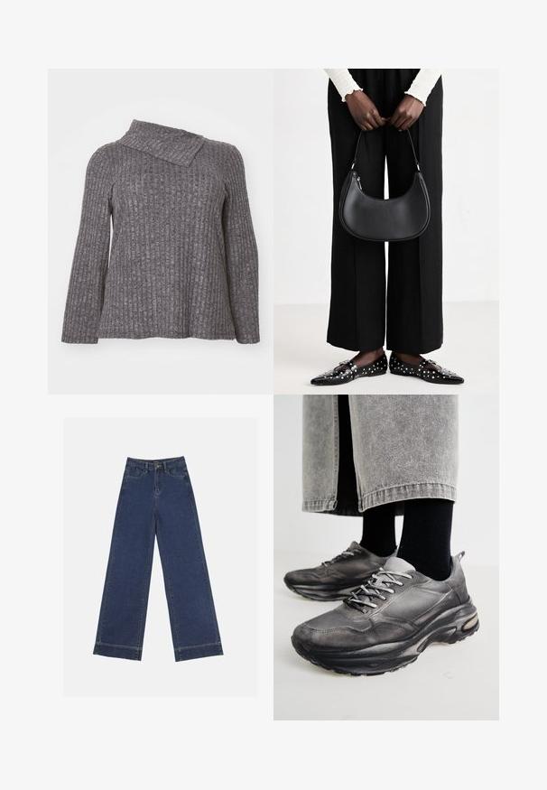Haut à manches longues gris à côtes avec un col asymétrique, présentant un tissu texturé et une coupe ample et décontractée.; Jeans à jambes larges en denim bleu foncé. Comprend cinq poches, des passants de ceinture et un ourlet brut en bas avec des détails de couture visibles.; Des chaussures de sport noires et grises présentent un dessus en mesh, des semelles épaisses et des lacets. Elles ont un bout arrondi et des détails de rembourrage visibles.; Sac à main en cuir noir avec une forme arrondie, finition brillante et quincaillerie en argent. Personne portant un pantalon large noir et des mocassins cloutés.