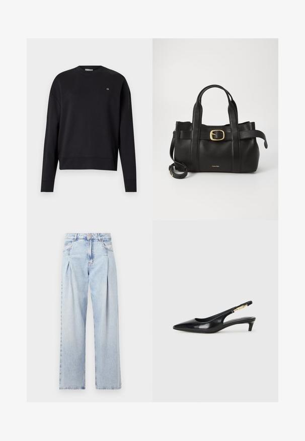 Felpa nera in cotone misto, con scollatura a girocollo, spalle scese e un piccolo logo sul petto. Texture liscia, vestibilità rilassata.; Jeans in denim azzurro chiaro con vita alta, taglio a gamba larga, due tasche laterali e design plissettato. Texture morbida con una finitura sbiadita.; Tacchi slingback in pelle nera con punta affusolata, caratterizzati da un tacco alto e un accento dorato sulla cinghia regolabile. Texture liscia.; Borsa a mano in pelle nera con un design strutturato, doppie maniglie superiori, accentuazione in metallo dorato e logo del marchio in rilievo sul davanti.