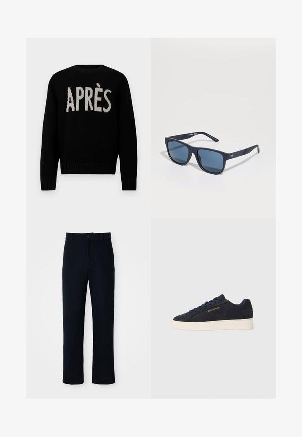 Černý pletený svetr s nápisem "APRÈS" v kontrastní krémové barvě. Klasický kulatý výstřih s žebrovanými manžetami a lemem. Měkká textura.; Námorně modré kalhoty vyrobené ze 100 % bavlny, s rovnými nohavicemi, předním zapínáním na knoflík a klasickým pasem s poutky na pásek.; Námornická modrá semišová nízká obuv s bílou podrážkou, námořnickými tkaničkami a zlatým logem "Filling Pieces" na boku.; Modré obdélníkové sluneční brýle s tmavými skly, matně námořnický rám, detail loga na spánkové části, rovné nožičky a hladký, solidní povrch.