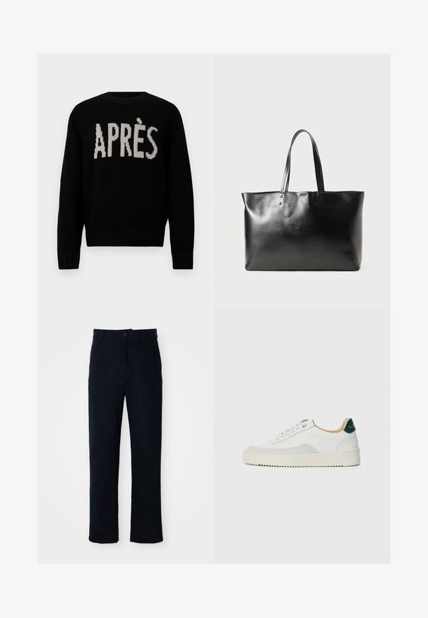 Melnā adīta džemperis ar vārdu "APRÈS" kontrastējošā krēmkrāsā. Klasisks izgriezums ar ribotām aprocēm un apakšmalu. Mīksta tekstūra.; Kokvilnas tumši zilas bikses ar taisnu kāju dizainu, priekšējo pogu aizdari un klasisku jostasvietu ar jostas cilpiņām.; Baltas sneakers ar zamša akcentiem, noapaļota purngala, plakaniem auklām un krēmkrāsas gumijas zoli. Ar zaļu zīmolu uz papēža.; Melnas gludas ādas somas ar divām plecu siksnām, taisnstūrveida forma un smalka šuvju detaļa uz baltā fona.