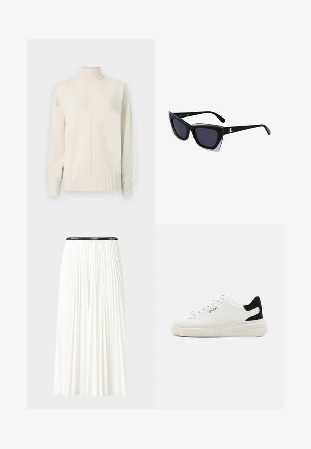 Cremfarbener, gestrickter Rollkragenpullover mit langen Ärmeln und gerippten Bündchen und Saum, auf einem schlichten weißen Hintergrund gezeigt.; Faltenrock aus Weiß mit einem schwarzen elastischen Bund, der das "LACOSTE"-Logo trägt. Mittellanges Design mit weicher Textur.; Weiße Leder-Sneaker mit einer dicken weißen Sohle, schwarzem Wildlederakzent an der Ferse und geprägtem Logo an der Seite. Schnürdesign mit sechs Ösen.; Schwarze übergroße Sonnenbrille mit geometrischer Form, ausgestattet mit dunklen Gläsern und einem kontrastierenden grauen Detail im Rahmen. Logo am Bügel.