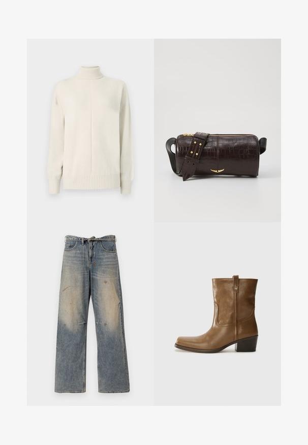 Pulover tricotat cu guler înalt, de culoare crem, cu mâneci lungi și manșete și tiv cu nervuri, prezentat pe un fundal alb simplu.; Jeans din denim albastru deschis cu un design lejer și drept pe picioare. Prezintă efecte de uzură, decolorare și detalii uzate în jurul genunchilor. Stil clasic cu cinci buzunare.; Botine din piele maro, cu vârf pătrat, finisaj texturat și toc mic, îngrămădit. Prezentă un tab de tragere la spate și detalii subtile de coasere.; Geantă din piele căptușită cu un model de crocodil de culoare maro, cu o formă cilindrică, accesorii de culoare aurie și un curea detasabilă cu tăieturi.
