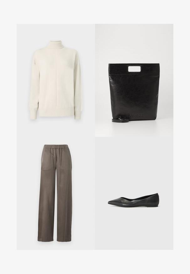 Suéter de cuello alto de punto color crema, con mangas largas y puños y dobladillo acanalados, presentado sobre un fondo blanco liso.; Pantalones de pierna ancha en gris oscuro, hechos de una tela suave. Cuentan con una cintura elástica y un diseño holgado para mayor comodidad.; Bailarina de cuero negro con puntera afilada, tacón bajo y textura suave. Diseño minimalista con un sutil acento lateral.; Bolsa tote de cuero negro con un asa cuadrada, que presenta un acabado texturizado y un logo en relieve. Incluye una correa desmontable.