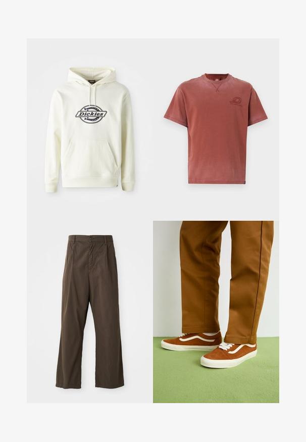 Felpa crema realizzata in morbido tessuto con tasca frontale. Presenta un logo nero su un design circolare. Polsini e orlo a costine.; T-shirt a maniche corte con scollo rotondo in color ruggine sbiadito, realizzato in morbido cotone con una discreta stampa del logo sul petto e dettagli di cucitura visibili.; Pantaloni marroni a gamba larga in cotone con chiusura anteriore a bottoni, passanti per la cintura e una superficie liscia e opaca.; Sneaker in suede marrone con lacci bianchi e design a striscia laterale, abbinati a pantaloni marrone chiaro su un pavimento verde.