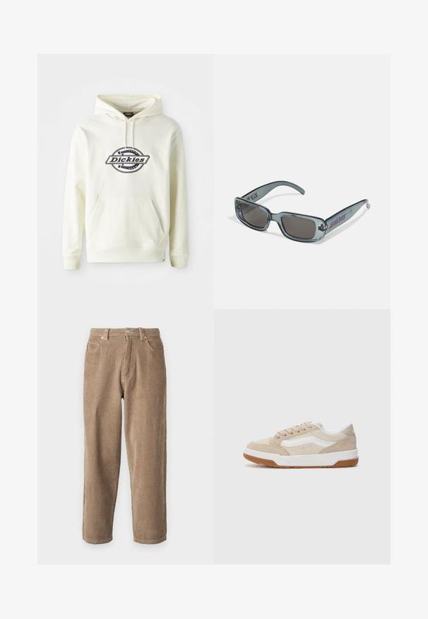 Krema kapuca izdelana iz mehkega blaga z sprednjim žepom. Ima črn logotip v krožni zasnovi. Ribane manšete in spodnji rob.; Brahke hlače iz korduroja s ravnim krojem, ki imajo gumbasto zapiranje, pet žepov in vertikalno rebrasto teksturo po vsej površini.; Bež gamijev športni copat z belimi detajli, okroglo šepe, teksturiran gumijast podplat in nizka zasnova. Šivi ob straneh in vezalkah.; Santa Cruz INFERNO UNISEX - Sončna očala - crystal black