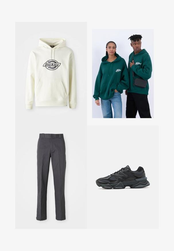 Felpa crema realizzata in morbido tessuto con tasca frontale. Presenta un logo nero su un design circolare. Polsini e orlo a costine.; Pantaloni grigi scuri in misto cotone, con design a gamba dritta, tasche anteriori e chiusura con bottone in vita.; Scarpa da corsa nera con una combinazione di materiali in rete e sintetici, suola spessa, design curvo e marchio ben visibile sul lato.; Felpe con cappuccio verdi con tasche frontali, vestibilità ampia. Un modello indossa jeans neri, l'altro porta una borsa a tracolla nera.