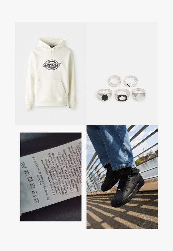 Kreemist pehmest kangast kapuutsiga särgid, millel on ees tasku. Must logo ümmargusel kujundusel. Ribitud varrukad ja serv.; Sildi silt, millel on mitmekeelsed tekstid, hooldusmärgid ja ringlussevõtuikoonid, trükitud pehme kangalaadsele materjalile heledates toonides.; Mustad mustad Nike Air Force 1 sneakerid nahast pealsega, mestist keelaga ja kummist tallaga, millel on kõrge disain ja paksud paelad.; Viis hõbedast sõrmust: üks musta ümmarguse detailiga, üks valge ja musta geomeetrilise mustriga ning teised erinevate vormide ja viimistlustega.