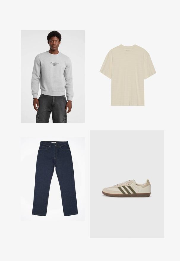 Sudadera gris con cuello redondo, puños y dobladillo acanalados. Presenta el logo y emblema de "Guess Jeans" en negro en el pecho. Llevada con pantalones cargo oscuros.; Camiseta de manga corta color crema con una sutil textura a rayas y cuello redondo, confeccionada en una tela ligera.; Jeans azul oscuro de mezclilla, con corte recto, diseño de cinco bolsillos y costuras en contraste a lo largo de las costuras.; adidas Originals SAMBA OG UNISEX - Zapatillas - alumina/medium dark khaki/gum