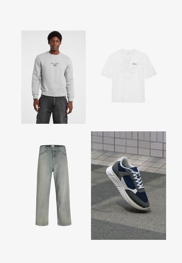 Szara bluza z okrągłym dekoltem, z dzianinowymi mankietami i dolnym wykończeniem. Z przodu znajduje się czarny logo i emblemat "Guess Jeans" na klatce piersiowej. Noszona z ciemnymi spodniami cargo.; Biała bawełniana koszulka z krótkim rękawem, z nadrukiem na przodzie, który głosi "Wznieś się ku spokoju" w czerni i zieleni.; Jasnoszare, luźne dżinsy wykonane z denimu. Posiadają klasyczny pięcio-kieszeniowy krój, szlufki na pasek oraz prostą nogawkę.; Sneakers z granatową siateczkową cholewką, szarymi zamszowymi akcentami, białą gumową podeszwą i płaskimi białymi sznurówkami, zaprojektowane z myślą o komforcie i wentylacji.