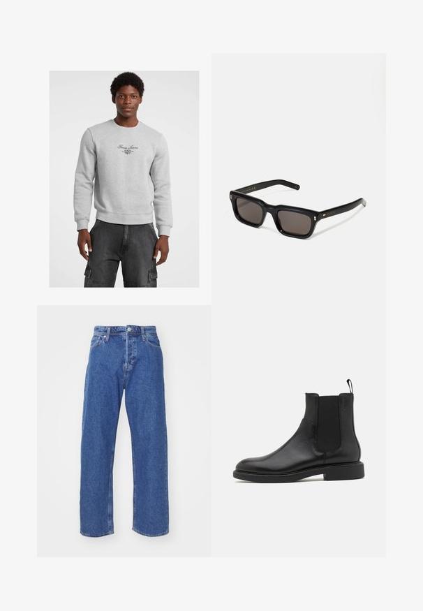 Felpa grigia con collo a giro e polsini e orlo a coste. Presenta il logo e l'emblema "Guess Jeans" in nero sul petto. Indossata con pantaloni cargo scuri.; Jeans in denim blu con un design a gamba dritta, caratterizzati da una chiusura con bottone e zip, stile a cinque tasche e dettagli di cucitura minimal.; Stivale alla caviglia in pelle nera con texture liscia, pannelli laterali elastici e una linguetta per il tallone. Punta rotonda e suola piatta in gomma con minimo battistrada.; Occhiali da sole neri rettangolari con lenti scure, montatura spessa in plastica, dettagli dorati sulle tempie e logo del marchio inciso sull'asta.