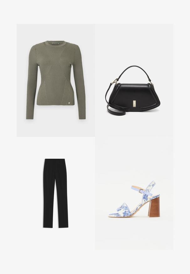 Maglione a coste verde oliva con maniche lunghe, caratterizzato da pannelli testurizzati e un piccolo logo accentato sull'orlo. Collo tondo.; Pantaloni neri su misura con un design a gamba dritta, dotati di tasche frontali e un tessuto liscio e strutturato. Dettagli ordinati e minimalisti.; Sandal con stampa floreale blu, con punta quadrata, una larga fascia e una cinghia alla caviglia regolabile, dotata di un tacco a blocco in legno texturizzato.; Borsa a mano in pelle nera con un design strutturato, caratterizzata da una forma corta, manico superiore e accessori in metallo dorato. Inclusa tracolla regolabile.