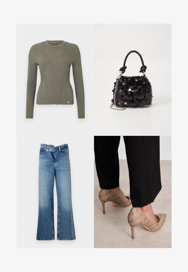 Olivgrüner, gerippter Strickpullover mit langen Ärmeln, der strukturierte Einsätze und ein kleines Logo-Detail am Saum aufweist. Rundhalsausschnitt.; Helle, blaue Jeans mit weit ausgestellt Bein und hoher Taille, ausgestattet mit zwei Knöpfen und vorderen Taschen. Der Stoff hat eine ausgewaschene Textur mit subtilen Variationen.; Beige High Heels aus strukturiertem Stoff mit einem sich wiederholenden Muster. Spitz zulaufendes Design mit einer Rückenausschnitt und goldenen Absatz.; Schwarze Pailletten-Mini-Handtasche mit einem geknoteten, strukturierten Tragegurt und einer silbernen Kette. Abgerundete Form mit gerafftem oberen Teil und reflektierenden Details.