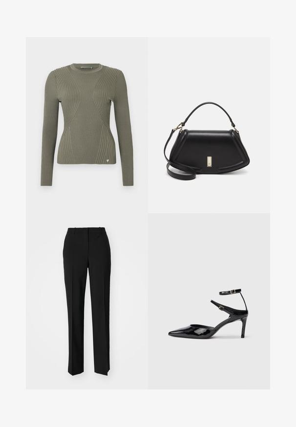 Olivgrüner, gerippter Strickpullover mit langen Ärmeln, der strukturierte Einsätze und ein kleines Logo-Detail am Saum aufweist. Rundhalsausschnitt.; Schwarze, taillierte Hose mit geradem Bein, aus einem glatten Stoff und mit klaren Falten an der Vorderseite. Keine sichtbare Hardware.; Schwarze Lacklederabsätze mit spitzer Zehenpartie, verstellbaren Knöchelriemen und einem schlanken Absatz. Glatte Textur mit glänzender Oberfläche.; Schwarze Lederhandtasche mit einem strukturierten Design, das eine verkürzte Form, einen oberen Griff und goldfarbene Hardware-Details aufweist. Verstellbarer Schulterriemen ist enthalten.