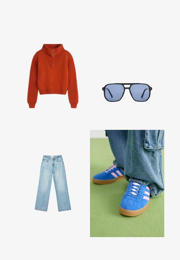 Orange knitted sweater with a high collar, half zip, and ribbed cuffs. Features textured pattern on shoulders and smooth body. Cropped design.; Light blue denim wide-leg jeans with a high waist, featuring a faded wash and small, scattered distressed details throughout.; Blue suede shoes with pink stripes and white laces, featuring a gum rubber sole, paired with loose denim pants on a green surface.; Stradivarius RETRO - Sunglasses - light blue