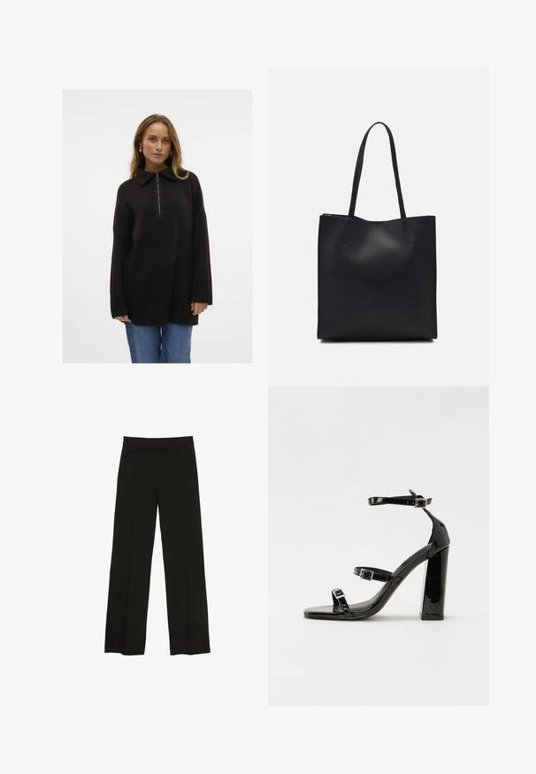Crni pulover od vunenog mješavine s patentnim zatvaračem i lažnim ovratnikom, širokog kroja, rebrastom teksturom i dugim rukavima, u kombinaciji s plavim trapericama.; Crne široke hlače izrađene od glatkog materijala, s uskim pojasom i suptilnim prednjim naborima za dodatnu teksturu.; Crne lakirane sandale na visoku petu s dva remena s kopčama, kvadratnim vrhom i masivnom blok petom, s glatkom, sjajnom teksturom.; Crna kožna torba za nošenje s glatkom teksturom, pravokutnim oblikom i dvije duge ručke. Nema vidljivih metalnih dijelova ili ukrasa.