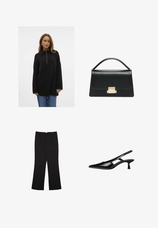 Czarny sweter z mieszanki wełny z zamkiem błyskawicznym przy kołnierzu typu mock, luźny krój, żebrowana tekstura i długie rękawy, w zestawie z niebieskimi dżinsami.; Czarne spodnie o prostym kroju, z przednimi kieszeniami i bocznymi rozcięciami na dole. Wykonane z miękkiego, gładkiego materiału. Odpowiednie na różne okazje.; Czarne lakierowane czółenka na odkrytej pięcie z wąskim noskiem, z wykrojem po bokach i małym kwadratowym obcasem. Gładka faktura z minimalnymi akcentami.; Czarna skórzana torebka o zorganizowanej konstrukcji, z górną rączką i złotym metalowym zapięciem z przodu. Gładka faktura, minimalne przeszycia.