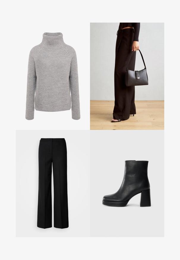 Hellgrauer Strickpullover mit hohem Kragen, geripptem Muster und langen Ärmeln, der Raglan-Schulternähte für eine lockere Passform aufweist.; Schwarze weit geschnittene Hosen aus glattem Stoff mit hoher Taille, taillierten Nähten und minimalistischer Gestaltung. Keine sichtbaren Beschläge oder Taschen.; Schwarze Leder-Stiefelette mit Blockabsatz und Plattformsohle, seitlich auf einem schlichten weißen Hintergrund betrachtet.; Schwarze Handtasche mit strukturierter Form, glatter Textur und einem metallischen Verschluss. Kombiniert mit weiten schwarzen Hosen und offenen Sandalen auf einem Holzboden.