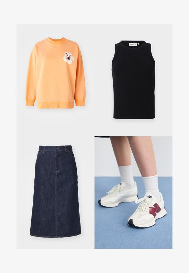Sweatshirt aus weichem orangenem Baumwollstoff mit rundem Halsausschnitt und gerippten Bündchen. Mit einem weißen floralen Grafikdesign auf der linken Seite.; Schwarzes, ärmelloses Tanktop aus geripptem Stoff, mit rundem Halsausschnitt und kleinem Logo auf der Vorderseite. Einfaches, figurschmeichelndes Design.; Dunkelblaue Jeansrock mit hoher Taille, geradem Schnitt, aufgesetzten Taschen und genähten Nähten. Mit einem Reißverschluss und einem Knopfverschluss an der Taille.; Ein Paar weiße Sneakers mit kastanienbraunen Akzenten, strukturierten Paneelen, flacher schwarzer Außensohle und hellen Schnürsenkeln, getragen mit weißen Knöchelsocken.